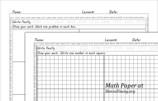 Math Paper - Some with graph lines, some without, some with multiplication table, some without - at donnayoung.org