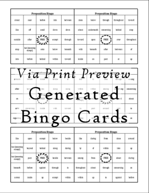 Preposition Bingo Generator - the 6-Card File