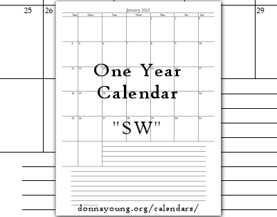 One Year Calendar, 1 page per month, ideal for notebooks