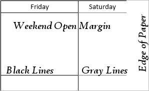 Weekend Open Margin Set - Weekends are minimized in this layout with open side margins. Cells for Monday through Friday are wider than normal because the cells for the weekends are cut in half.