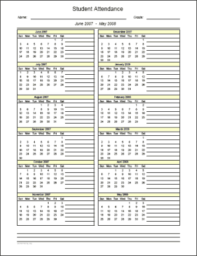 Ruled Student Attendance Calendar