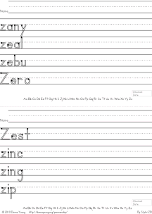 letter z words handwriting worksheets