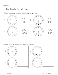 Telling Time to the Half Hour Worksheets