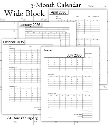 3-Months per page Ruled Calendars